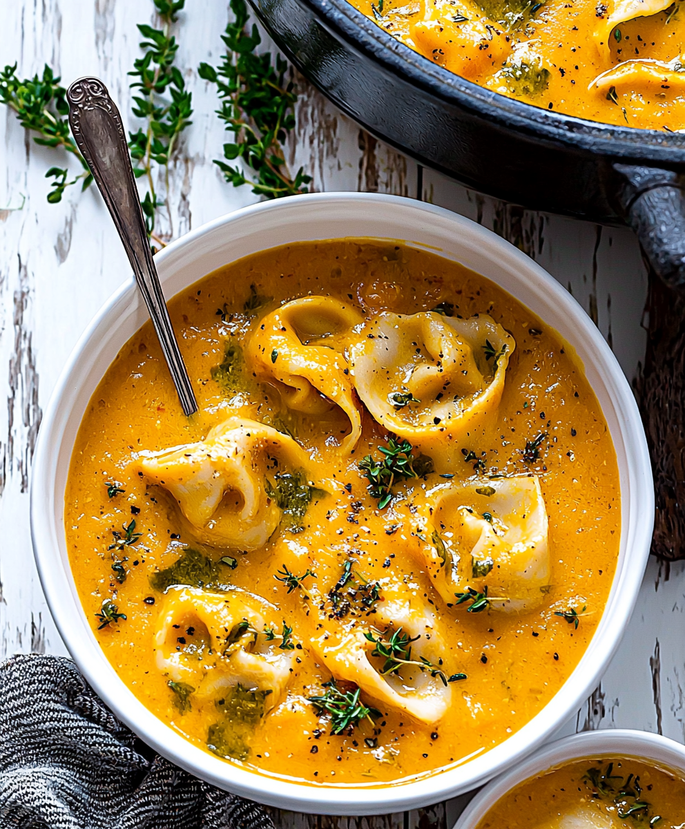 Creamy Pumpkin Tortellini Soup Recipe – A Cozy Fall Favorite image of a bowl of bowl of GOURMET pumpkin TORTELLINI soup. Recipe by cleanfitfab.com