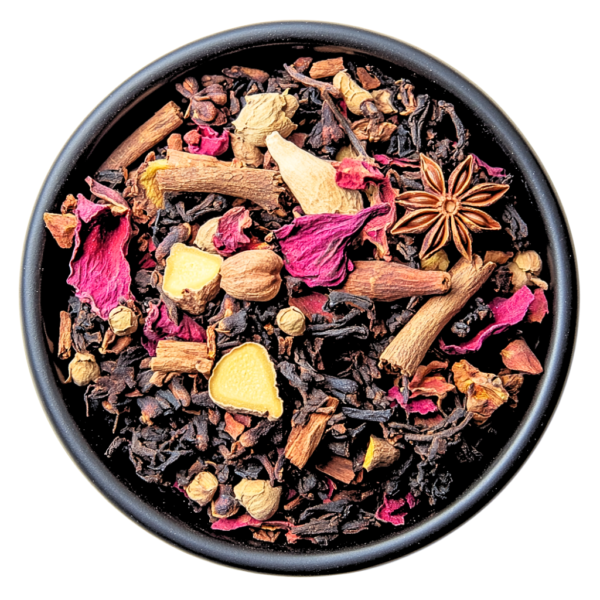 Loose leaf heart-opening herbal tea blend with hibiscus, clove, ginger, cinnamon, and star anise for Sip Heal Bloom™ ritual tea.