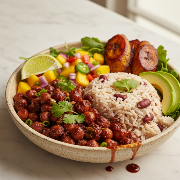 Caribbean Jerk Chickpea Bowl with Coconut Rice & Mango Salsa