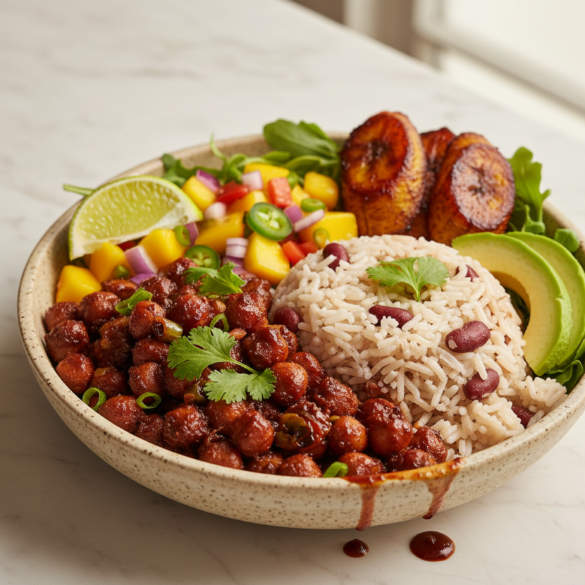 Caribbean Jerk Chickpea Bowl with Coconut Rice & Mango Salsa