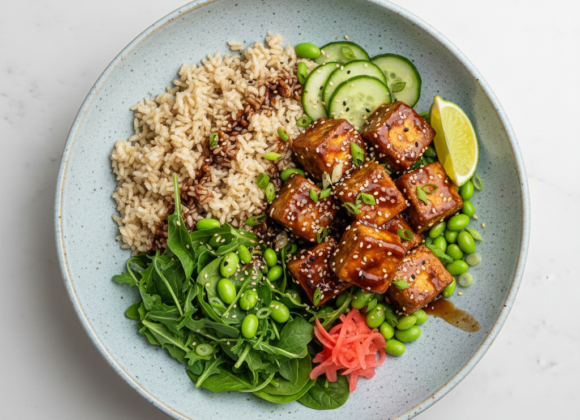 Crispy Miso-Glazed Tofu Bowl with Ginger-Sesame Edamame