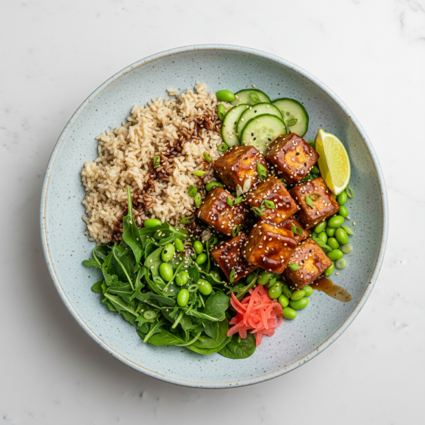 Crispy Miso-Glazed Tofu Bowl with Ginger-Sesame Edamame
