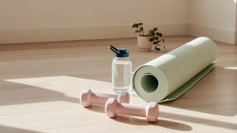 Pair of dumbbells and a yoga mat on a light wood floor in a sunny living room